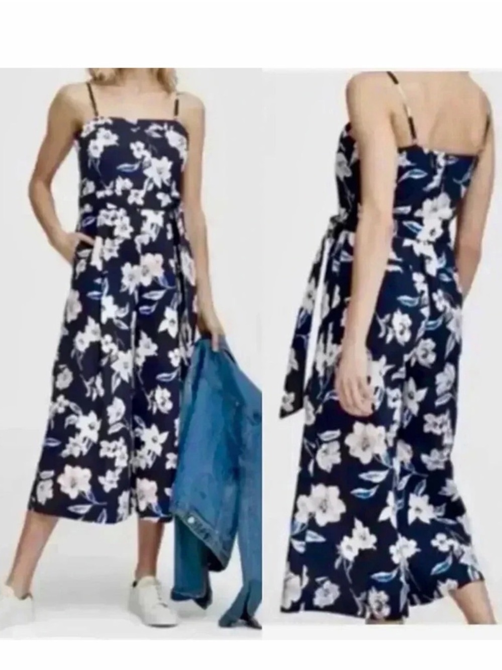Banana Republic Navy Floral Linen Blend Cropped Wide Leg Jumpsuit Size 6
